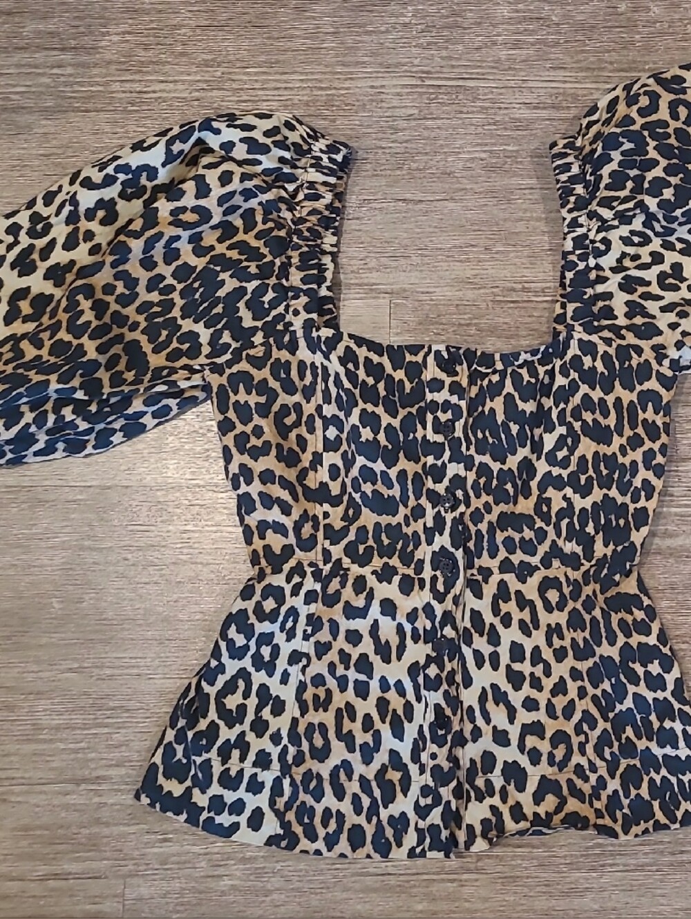 Ganni Leopard Square-Neck Puff Sleeve Top - Tan/Black
